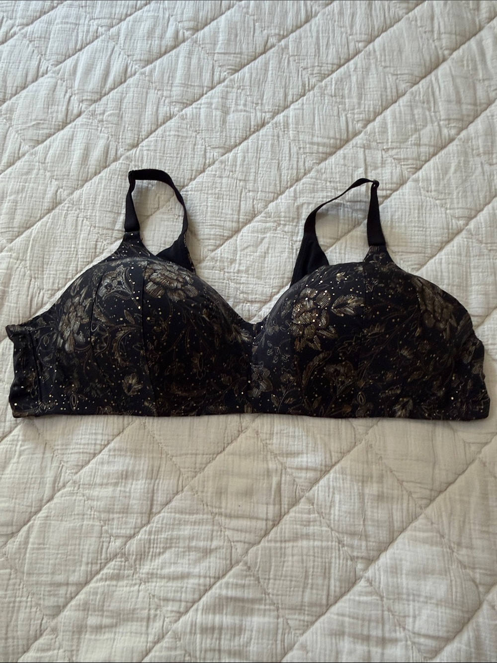 Torrid Black Floral Wireless Bra with Metallic Gold Detail
